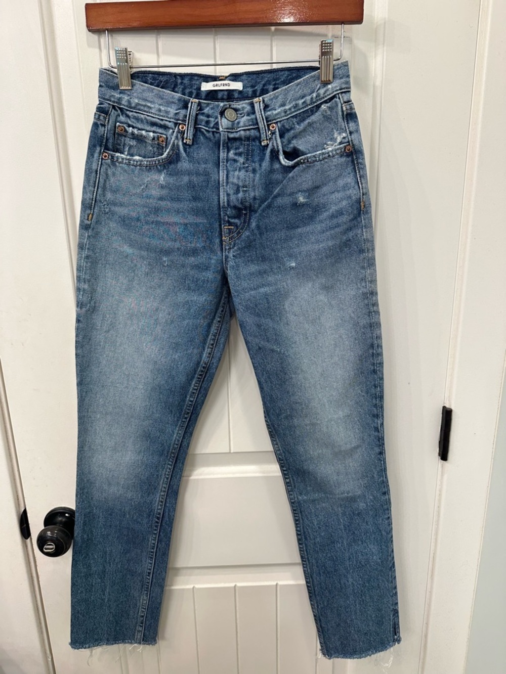 GRLFRND Karolina High Rise Skinny Jeans Blue 24 Button Fly Raw Hem EUC